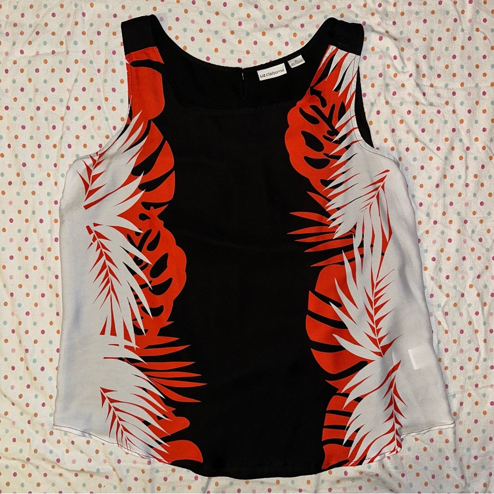 Liz Claiborne Sleeveless Blouse - XL Tropical Leaf Print Sheer Back